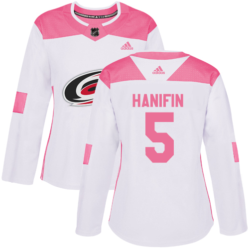 Adidas Hurricanes #5 Noah Hanifin White/Pink Authentic Fashion Women's Stitched NHL Jersey